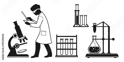Scientist in a laboratory surrounded by various equipment and supplies Vector