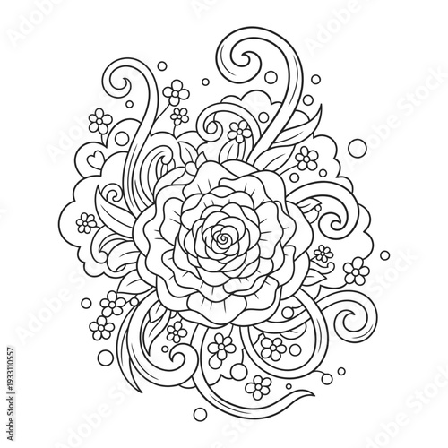 Rose coloring page with ornate swirls and small floral accents