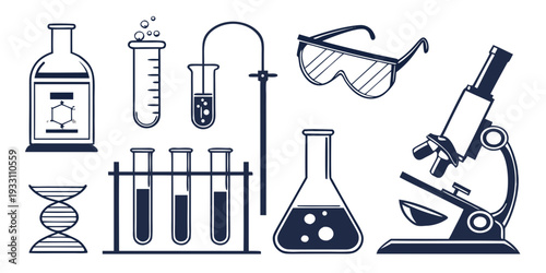 A collection of laboratory equipment and scientific tools used in experiments and research Vector