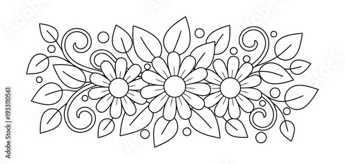 Floral coloring page border with daisies and decorative leaves