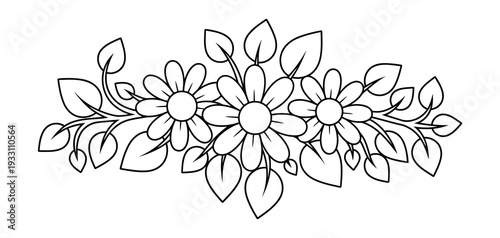 Daisy floral border coloring page with leaves and simple design