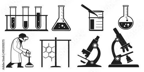 A variety of laboratory equipment and scientists conducting experiments. Vector