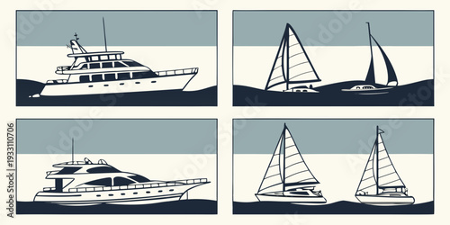 Four different types of boats sailing on a calm sea under a clear sky Vector
