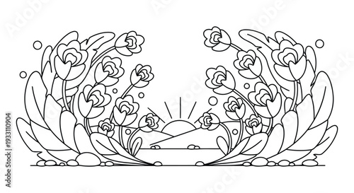 Coloring book page with floral sunrise landscape and decorative outline art