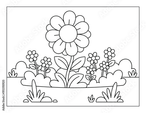 Coloring book page with cartoon flower garden and simple outline landscape