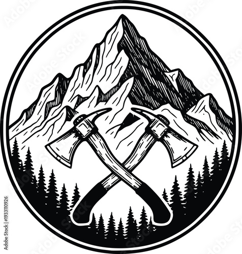 Rugged Mountain Landscape with Crossed Axes Emblem - Hand Drawn Outdoor Adventure Vector Illustration