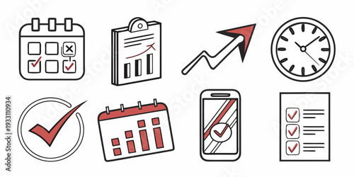 Icons representing various aspects of time management and scheduling Vector