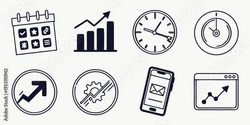 Icons representing various aspects of time management and productivity Vector