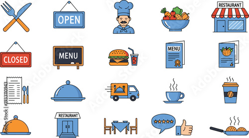 Restaurant and Food Service Icon Set Featuring Open Closed Menu Chef Burger Coffee Delivery Rating and Dining Symbols in Flat Color Editable Vector Illustration Collection