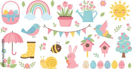 Cute spring season elements collection with easter decorations flowers animals vector illustration
