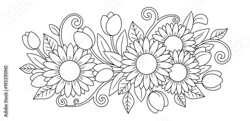 Coloring book page with detailed sunflower bouquet and decorative outline art