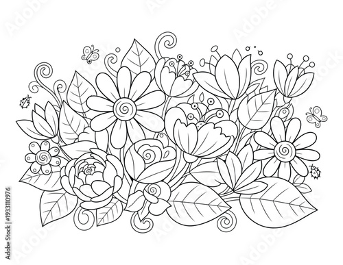  Coloring book page with intricate floral garden and butterfly outline art