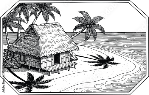 Tropical Beach Hut Illustration with Palm Trees and Ocean View