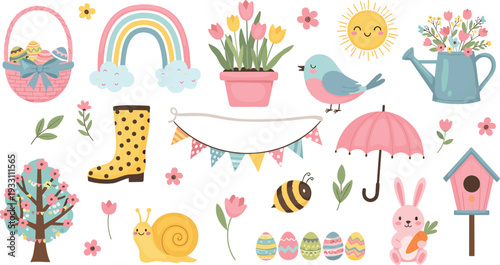 Spring elements collection with flowers rainbow bunny eggs cute seasonal vector illustration