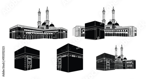 Detailed black and white illustrations of the kaaba and holy mosque
