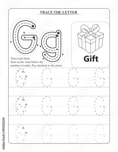 Educational Handwriting Activity Page Letter G for Gift Printable Tracing Sheet