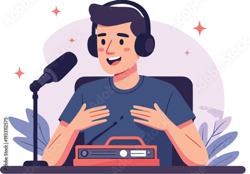 ragazzo  radio podcast seduto scrivania  con vestiti multicolori, vettoriale