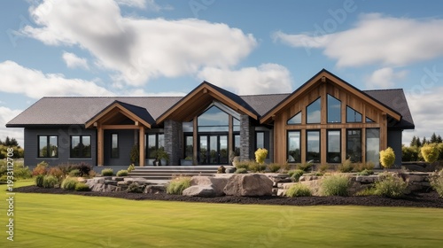 Modern luxury home with large windows and beautifully landscaped garden