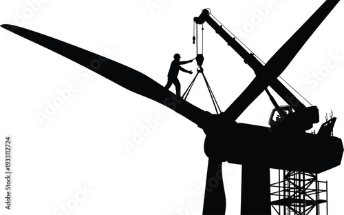 Vector illustration showing an industrial worker carefully attaching a wind turbine blade with the assistance of a large construction crane for green energy.