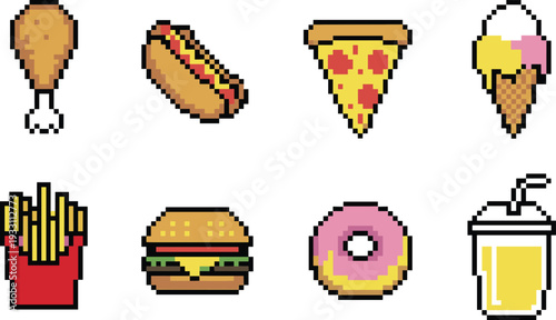 Pixel art fast food collection with burger, pizza, fries and soda vector set for restaurant game asset