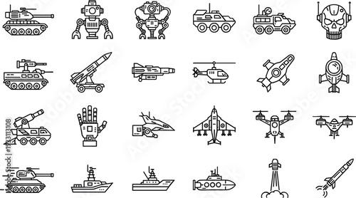 Military weapons and futuristic combat icons set with tanks, robots, missiles, aircraft, drones and naval war equipment in outline style