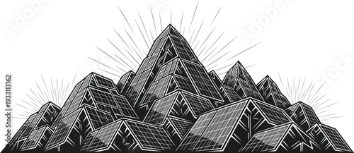 Black and white vector graphic illustration depicting a monumental mountain range entirely constructed from gleaming photovoltaic solar panels in a modern design style.