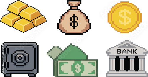Pixel art bank gold bar money bag coin safe and cash vector set for finance game asset