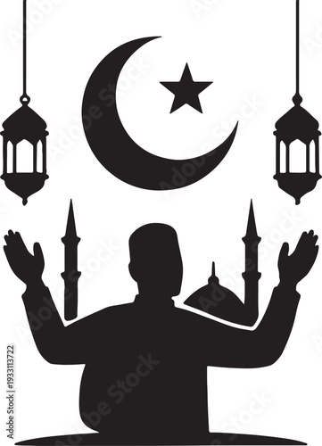 Eid festival celebration silhouette with joyful people, Islamic cultural tradition concept, family happiness and festive gathering illustration, clean minimal black vector design