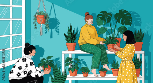 Women arranging indoor plants home gardening lifestyle botanical flat vector illustration
