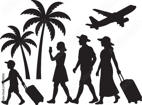 Holiday vacation silhouette with joyful travel and relaxation elements, leisure lifestyle and tourism celebration concept, clean minimal black vector design.