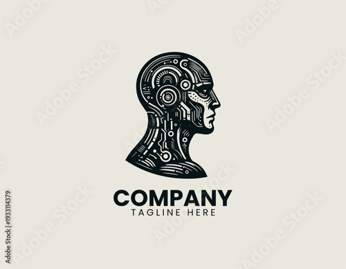 Futuristic humanoid android side profile black vector logo illustration