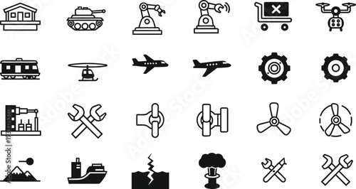 Military and industrial technology icons set, defense equipment, vehicles, machinery, robotics and engineering symbols in black outline style