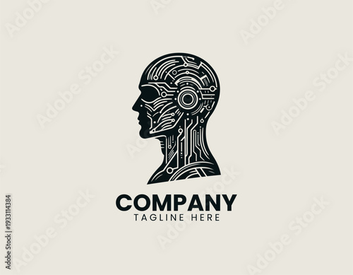 Futuristic humanoid android side profile black vector logo illustration
