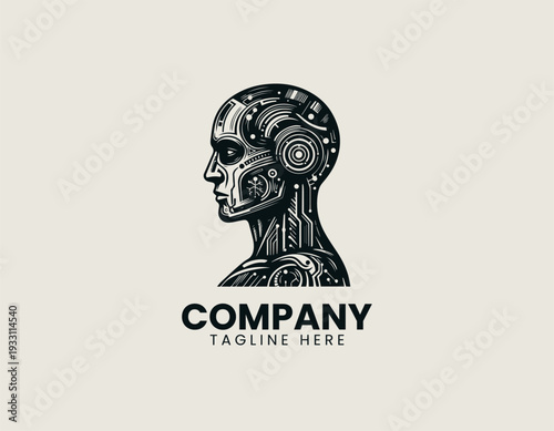 Futuristic humanoid android side profile black vector logo illustration