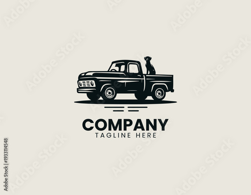 Vintage pickup truck with sitting dog in clean modern automotive vector illustration style