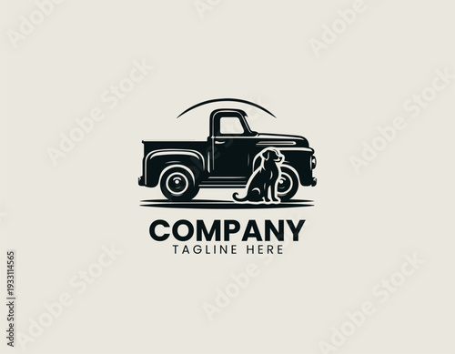 Vintage pickup truck with sitting dog in clean modern automotive vector illustration style