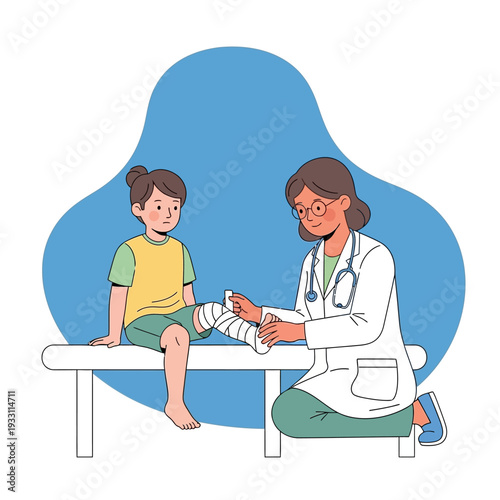 Doctor bandaging child's injured leg on examination table, medical care concept