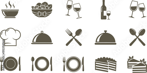 Restaurant and Dining Silhouette Icon Set Featuring Wine Glass Chef Hat Cloche Cutlery Plates and Dessert in Minimal Monochrome Vector Illustration Collection