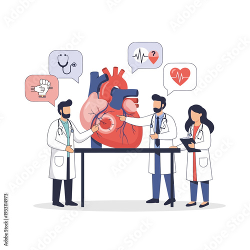 Cardiology Team Discussing Heart Anatomy Model with Medical Icons