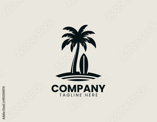 Tropical palm tree with surfboard in clean modern beach lifestyle vector illustration style