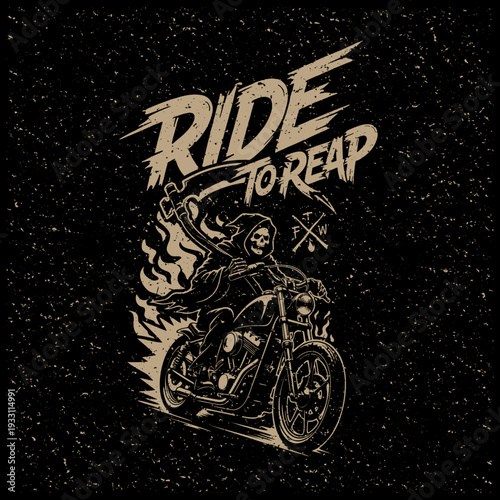 Vintage Gritty Hand Drawn Grim Reaper Riding Chopper Motorcycle Ride to Reap Flames Vector Illustration Art