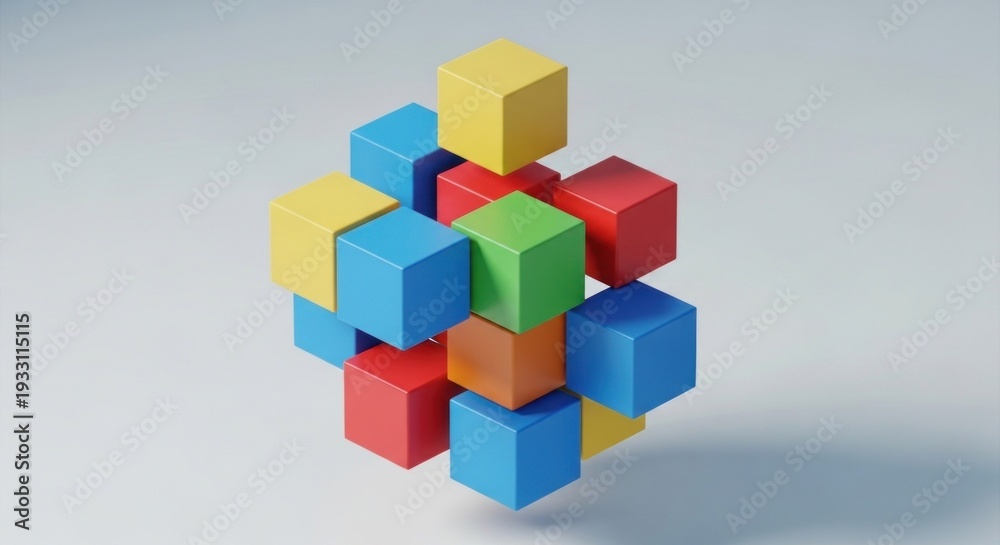 Fototapeta premium Colorful 3D cubes assembled into a multi-colored cluster on a neutral background