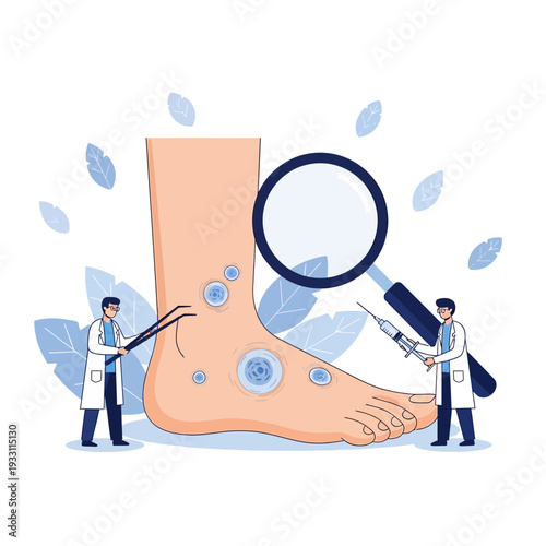 Dermatology examination of foot with skin lesions, doctors using tools and magnifying glass