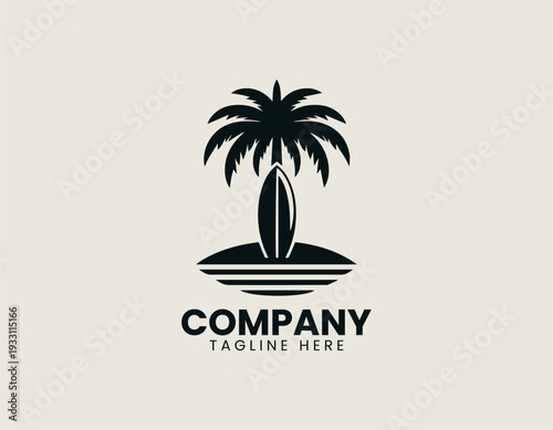 Tropical palm tree with surfboard in clean modern beach lifestyle vector illustration style