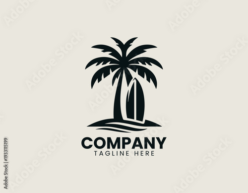 Tropical palm tree with surfboard in clean modern beach lifestyle vector illustration style