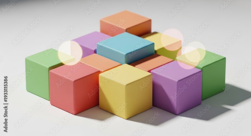 Obraz premium Colorful stacked cubes in a pyramid arrangement, brightly lit with soft highlights