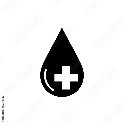 Black Medical Blood Drop Icon with White Cross Symbol
