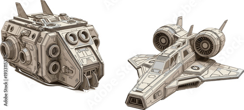 Futuristic sci-fi spacecraft vector illustration set with detailed space shuttle and cargo module designs for science fiction games, space exploration, and technology concept art projects