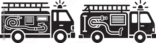 Fire truck icons, emergency vehicle and rescue service concept, firefighters equipment, transportation and safety vector graphics, red vehicle symbols
