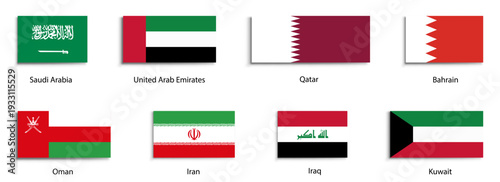 National flags of Middle Eastern and Persian Gulf countries including Saudi Arabia UAE Qatar Iran Iraq Oman Kuwait and Bahrain for geopolitical education on a transparent background